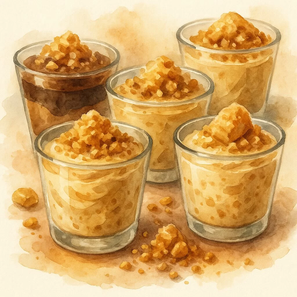 Cinco copinhos com diferentes variações de paçoca cremosa: com doce de leite, chocolate, cream cheese e a versão tradicional, decorados para Festa Junina.